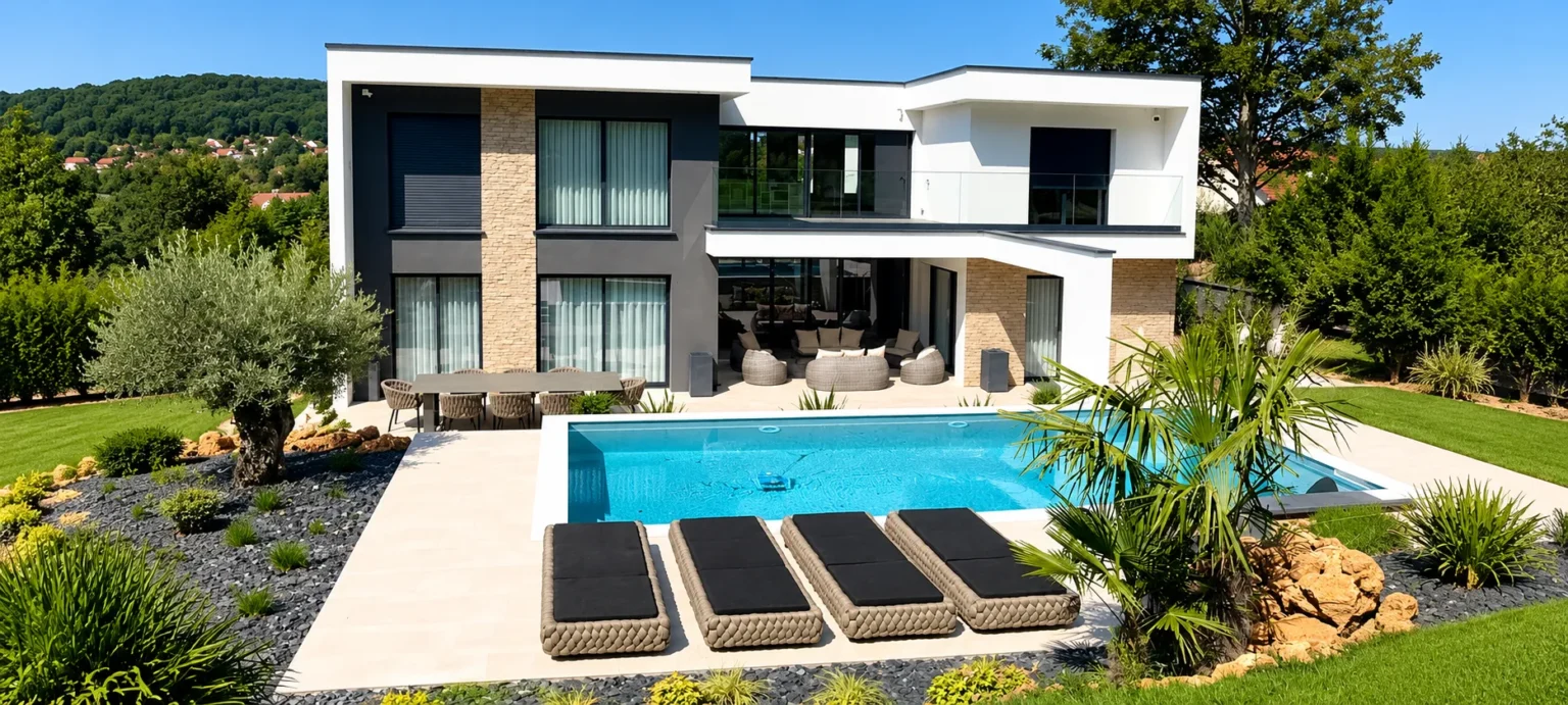 Villa contemporaine et piscine turquoise avec plage en pierre claire
