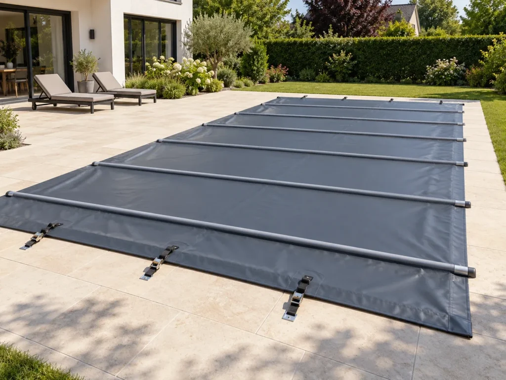 Bâche à barres grise tendue sur une piscine, barres aluminium et sangles à cliquet fixées sur la plage