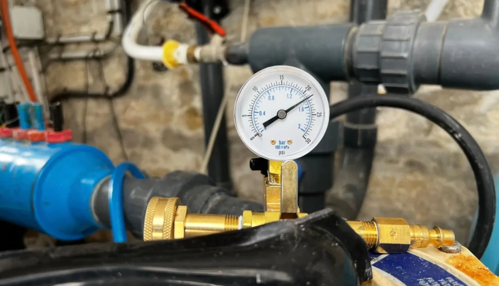 Manomètre branché sur les canalisations dans le local technique : mise en pression du circuit pour localiser la fuite