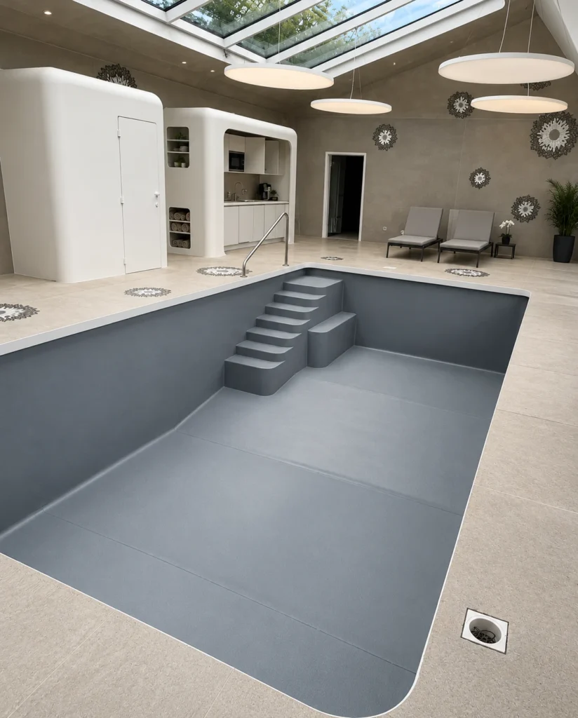 Piscine intérieure revêtue d'une membrane PVC armé gris, escalier soudé sur mesure