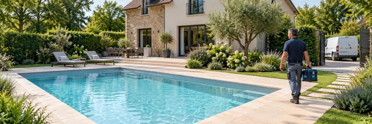 Technicien arrivant avec sa mallette au bord d'une piscine, devant une maison en pierre